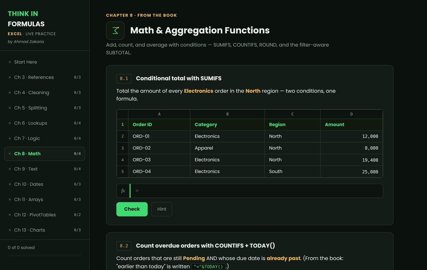 The practice portal, showing a chapter of exercises with an input box for typing formulas